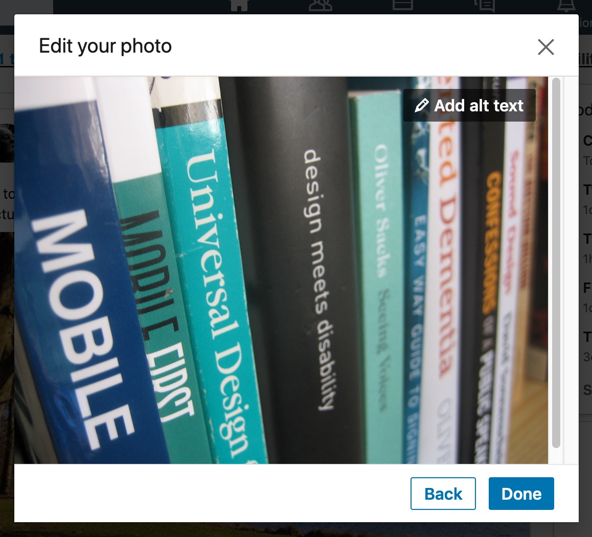 'Edit your photo' dialog showing 'Add alt text' button