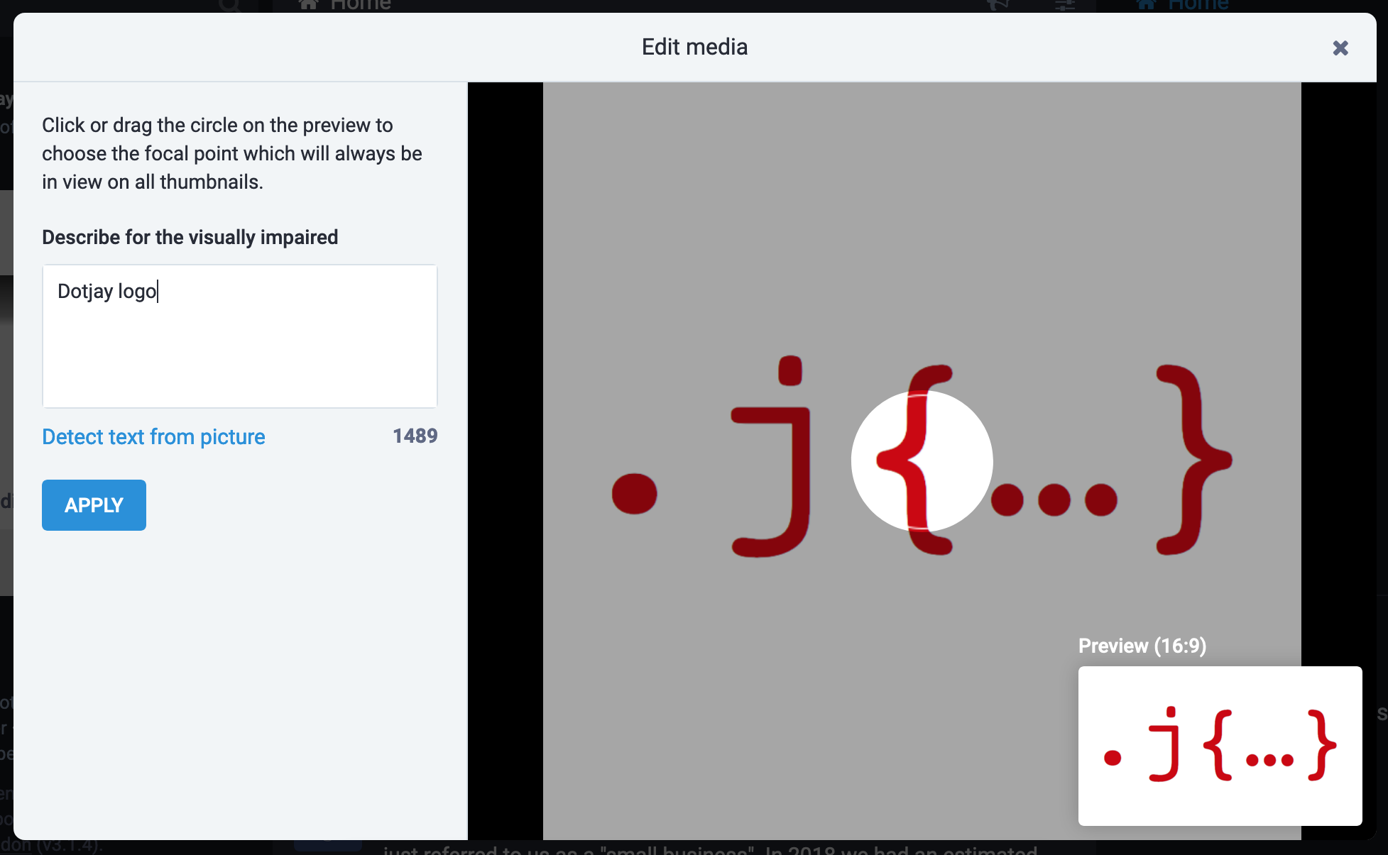 'Edit media' dialog with text field for alternative text and 'Detect text from picture' button